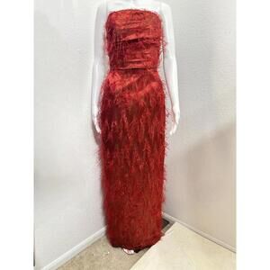 S Red Catherine Regehr Silk Feather Evening Gown Strapless Formal Couture Glam